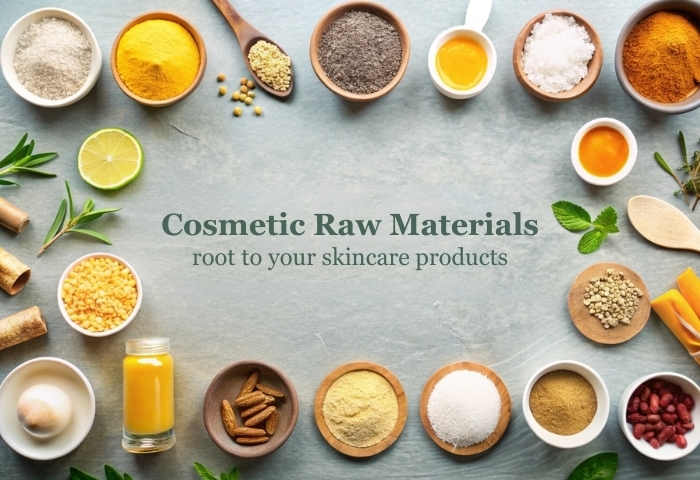 Various natural cosmetic raw materials arranged in a circle with text about their role in skincare products.