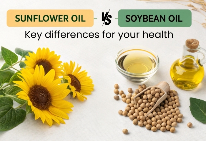 Comparison of sunflower oil vs. soybean oil with visual elements showing their sources and health-related text.